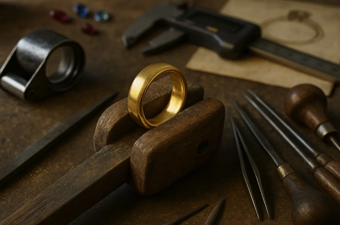 Close-up of a master jeweller crafting a gold ring on a workbench, surrounded by vintage and modern tools, illustrating the fusion of tradition, craft, and innovation in gold jewellery design. Polished gold glows under directional light, showing tool marks and fingerprints